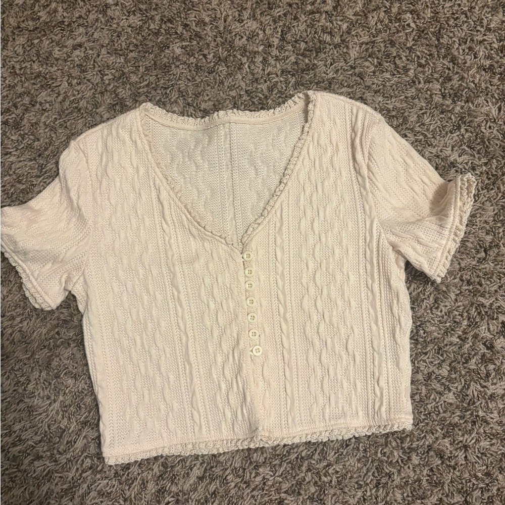 Cream Cable Knit Button-Up Cropped Sweater Top Size Small